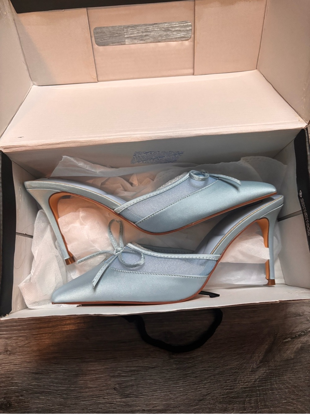 Windsor Powder Blue Satin Pointed Toe Mule Heels with Bow Accent